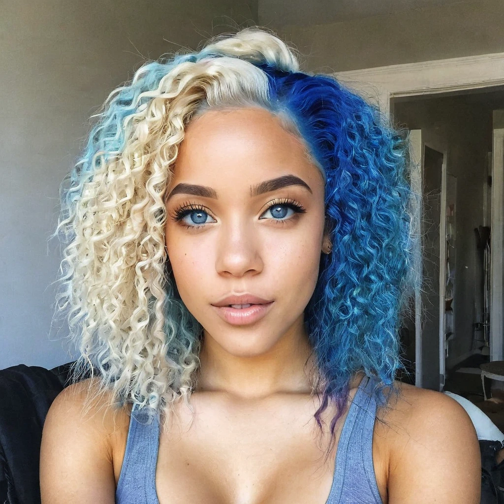 1 beautiful biracial blue hair and eyes with 1 woman blond, round butt