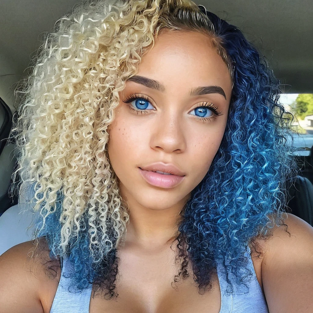 1 beautiful biracial blue hair and eyes with 1 woman blond, round butt