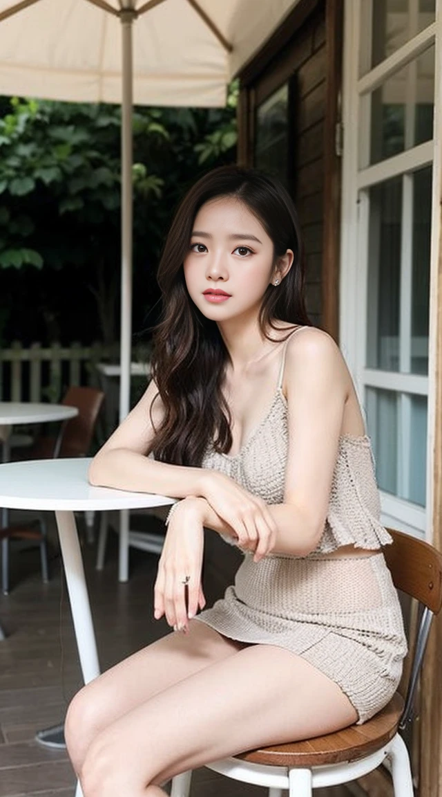 masterpiece, best quality,closed mouth, looking at viewer, alluring, clean, beautiful face, pure face, pale skin, little smile, a woman sitting in a chair with a pair of earrings on her shoulder and a pair of earrings on her shoulder, in a room with a bed and a chair