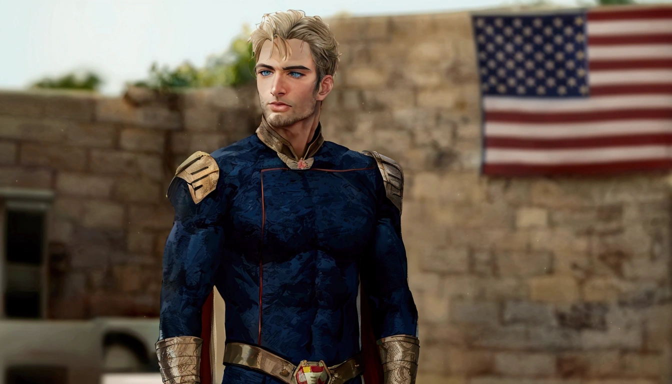 a close-up of a man in costume with a flag in the background, Home Lander from the boys, his cape is the american flag, boys tv show superhero, Home Lander, Justin Hartley como super-homem, Henry Cavill como Wolverine, Movies of 2022, Henry Cavill é um deus grego, zachary quinto, Chris Pinho, joe biden as superman