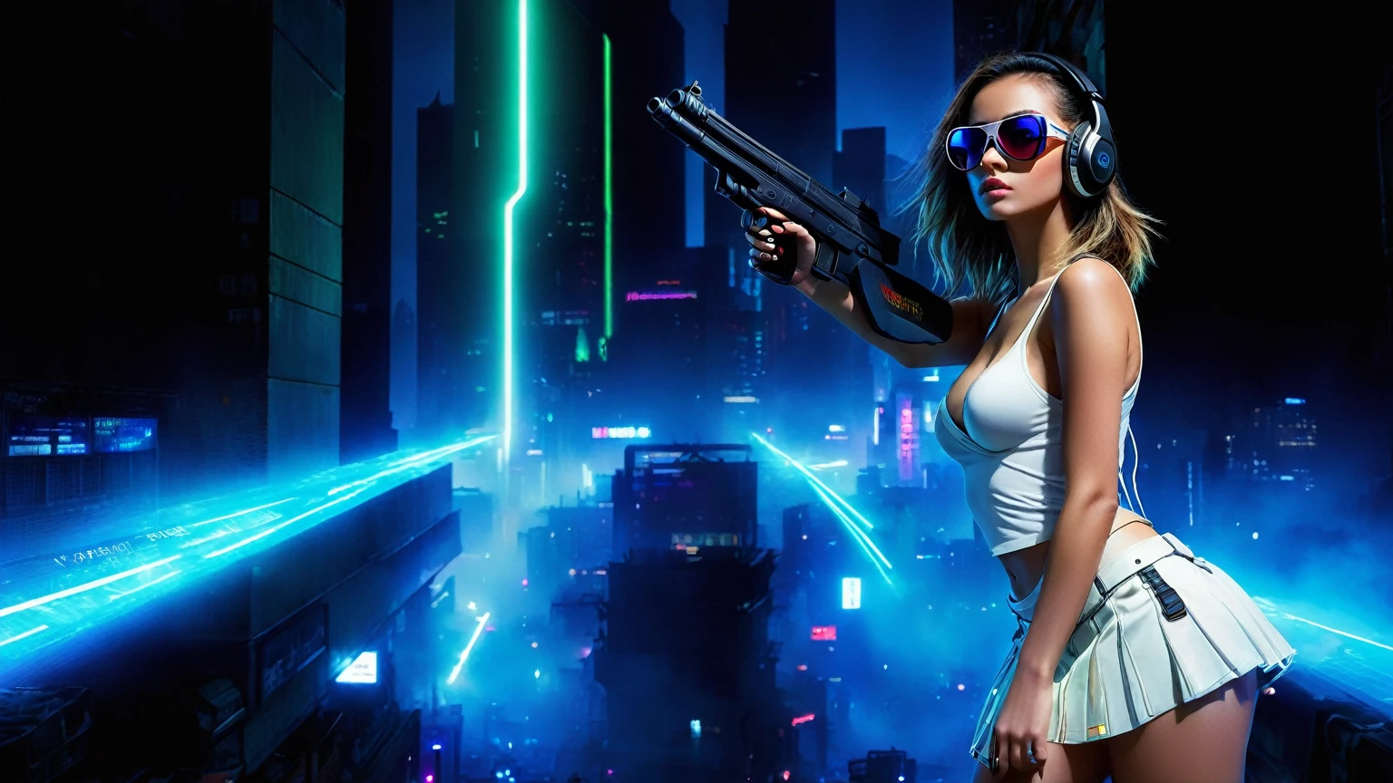 dark futuristic landscape, at night, neon lights, Atmospheric fog, large buildings in the background, futuristic city, streets with open shops, skyscraper (postapocalyptic city:1.3). (((1girl, solo, alone))), large-breast:1.2 slim body, cleavage:1.1, sexy miniskirt, (((headphone, black sunglasses, standing and holding pistol pose))), (((half-body thigh level medium shot))), cinematic lighting, lens flare, ray tracing.