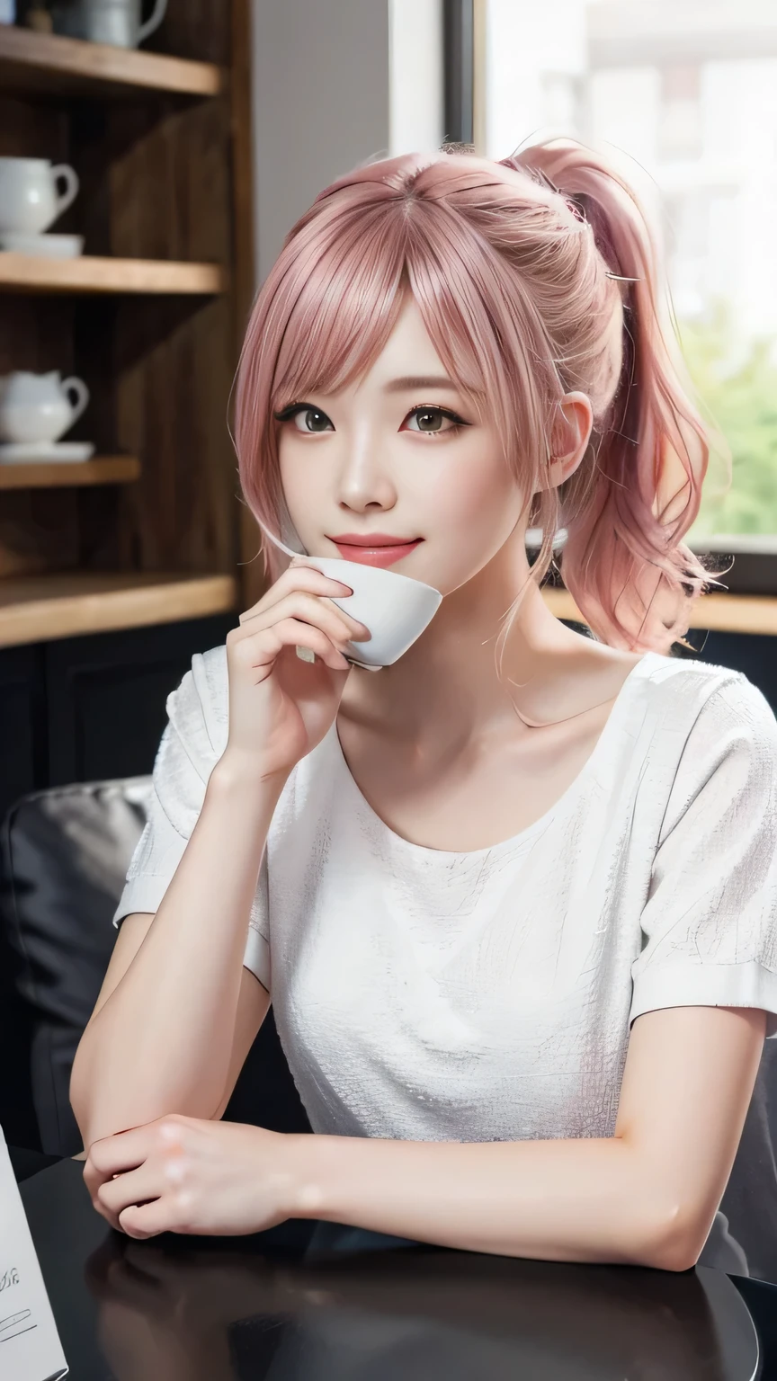 A woman with pink hair and a white dress, Anime realism style, Unreal 5. RPG Portrait, cgsociety portrait, Realistic art style, Smooth anime CG art, Photorealistic Anime Girl Rendering, Realistic anime 3D style, Loss Draw 1. 0, Realistic 3D animation, ArtJam ; 3d unreal engine, Realistic anime art style,The background is inside a coffee shop.,The best smile、Side Ponytail、drinking coffee in a teacup
