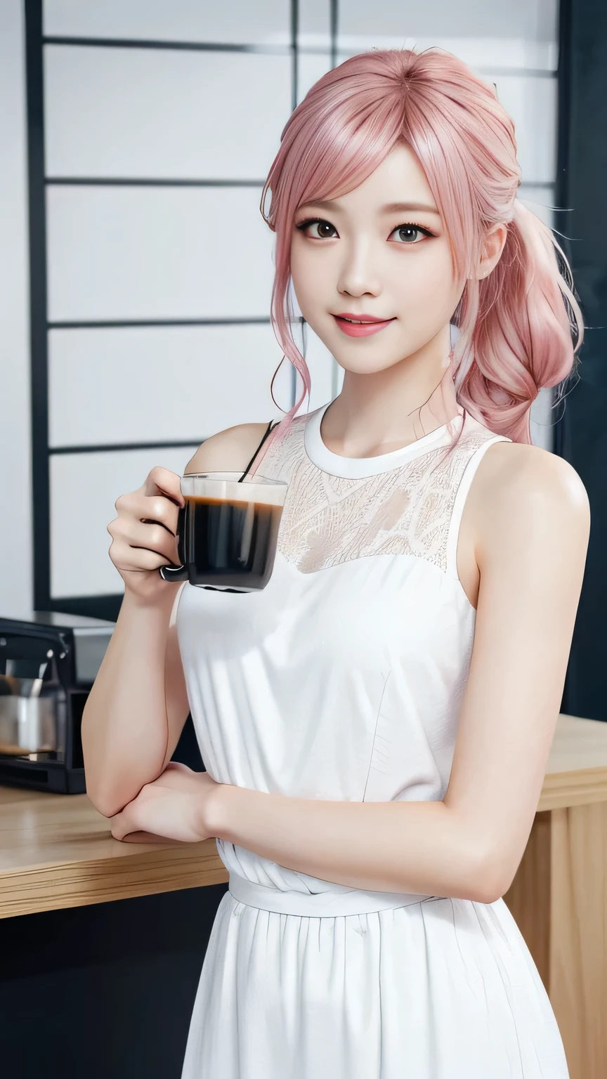 A woman with pink hair and a white dress, Anime realism style, Unreal 5. RPG Portrait, cgsociety portrait, Realistic art style, Smooth anime CG art, Photorealistic Anime Girl Rendering, Realistic anime 3D style, Loss Draw 1. 0, Realistic 3D animation, ArtJam ; 3d unreal engine, Realistic anime art style,The background is inside a coffee shop.,The best smile、Side Ponytail、drinking coffee in a teacup