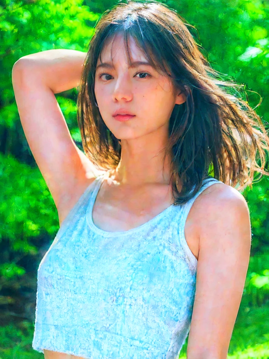 (best quality:1.4), (ultra highres:1.2), (photorealistic:1.4), (16k, RAW photo:1.2),(portrait shot:1.3), bmangpor, 1girl, solo, long hair, brown hair, upper body, white smooth armpits, one arm up, knit tank top, small breast,see through,nipple