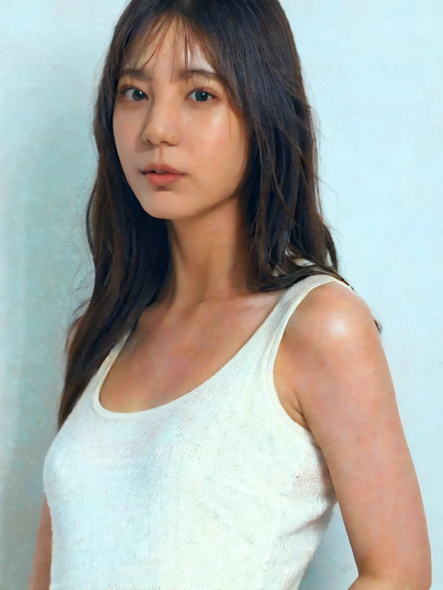 (best quality:1.4), (ultra highres:1.2), (photorealistic:1.4), (16k, RAW photo:1.2),(portrait shot:1.3), bmangpor, 1girl, solo, long hair, brown hair, upper body, white smooth armpits, one arm up, knit tank top, small breast,see through,nipple