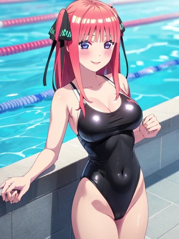 best quality, insanely detailed, nino nakano, black swimsuit, breasts, blush, swimming pool background, smile, pussy, highleg leotard