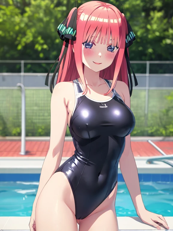 best quality, insanely detailed, nino nakano, black swimsuit, breasts, blush, swimming pool background, smile, pussy, highleg leotard