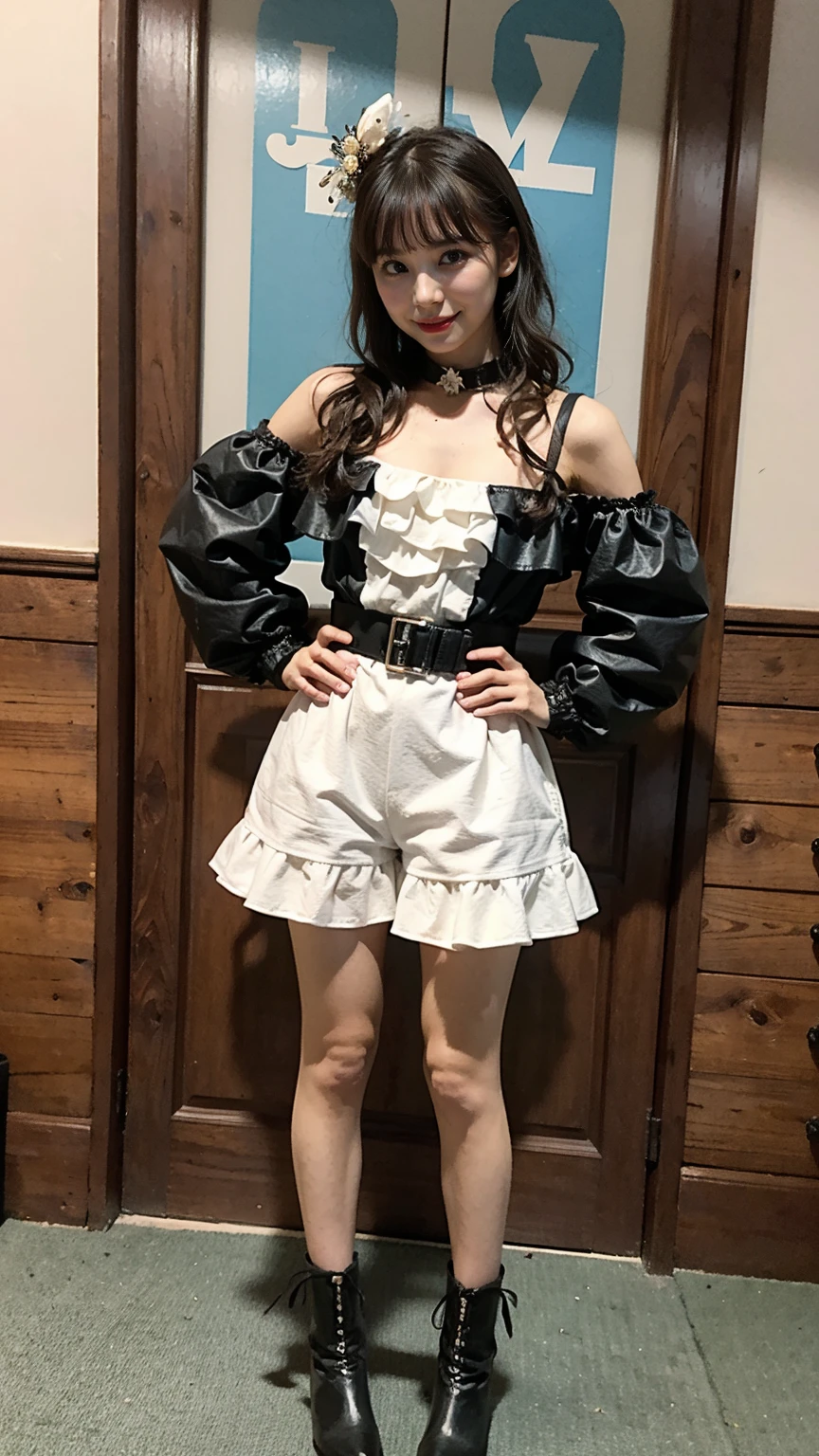 (8k、RAW Photos、Highest quality、masterpiece:1.2)、(Highest quality、Realistic)、1 Girl、((Frills、black and yellow tube top、Shorts、leather、Off the shoulder、Idol Costume、ribbon、See-through、Thin legs、whole body、boots、garden、View from the front、Looking into the camera、Stand with hands on hips))、cute