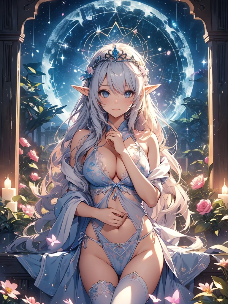 top-quality、Top image quality、​masterpiece、Full body naked girl((24 year old、Best Bust、big bast、Bust 90,Beautiful blue eyes、,Blonde long hair、A slender、a closeup、Esbian、Floating in the light、beautiful tiara、hiquality、Beautiful Art、Background with((starrysky)))masutepiece、visualart、depth of fields、sky at night、low angles、、Elven ears、、light magic、kosmos、mid night、harp melody🎵、Happy smile、Gentle light、Emitting a magical light、、Beautiful skins、beutiful breast、beautiful foot、welcome、、accurate fingers、Exact finger count、nffsw,NSFW,Completely naked、I'm not wearing underwear、、A sexy、Mystical　　floating、erotick　orgasmic、ssex　Magnificent temple、Marble pillars、flower  field