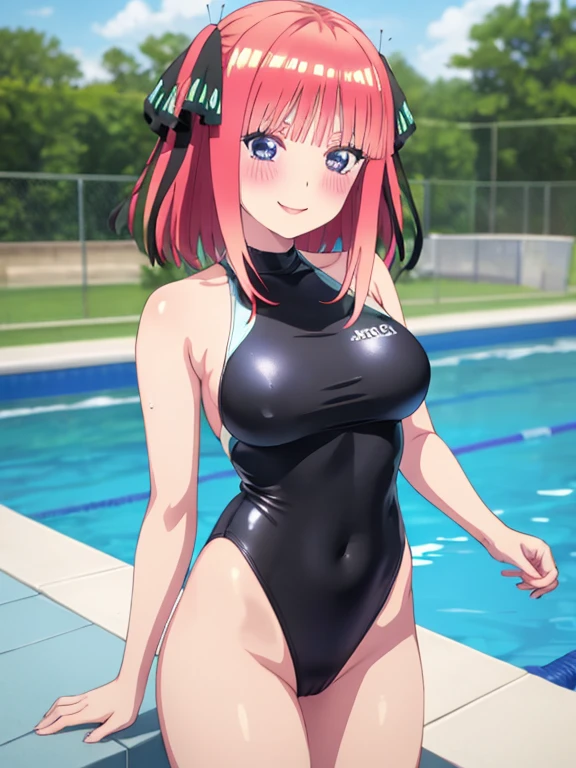 best quality, insanely detailed, nino nakano, black swimsuit, breasts, blush, swimming pool background, smile, pussy, highleg leotard