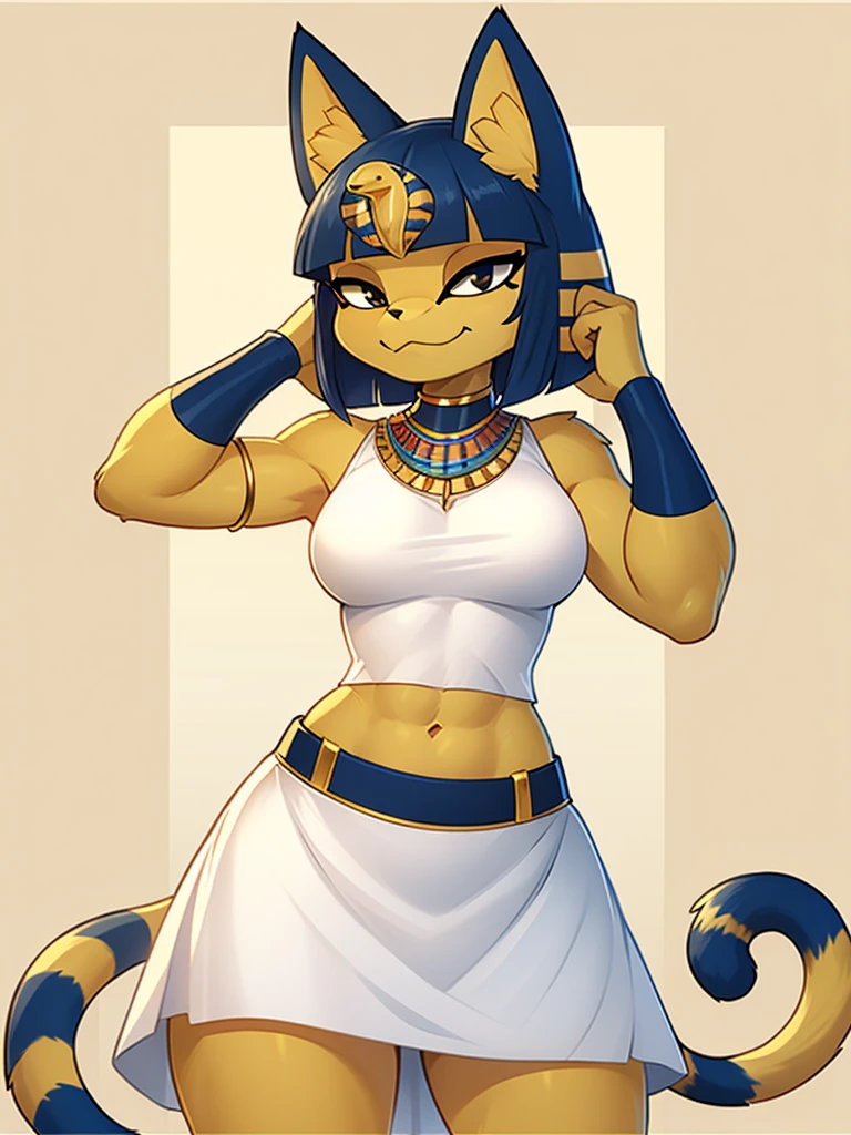 ((masterpiece)), ((best quality)), ((perfect face)), trending on artstation, furry, furry style , anthro style, digital artwork of a sexy ankha with rock hard abs, a bare midriff and a bare navel wearing a crop top of her sleeveless white dress with long white dress skirt, blue Egyptian handbands, yellow and blue fur, cat, tail, female, Egyptian setting, smug face, Egyptian necklace