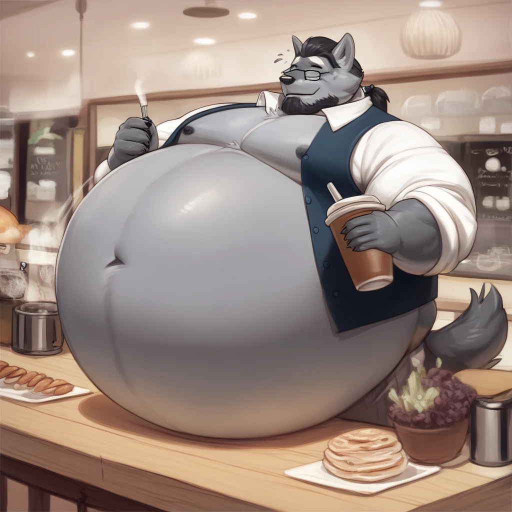 score_9, score_8_up, score_7_up, score_6_up, score_5_up, score_4_up, desolate, detailed background, cafe, anthro wolf, male, gray fur color, hair in low ponytail, beard, mature glasses, button up vest with tie, slacks, holding tray with coffee, calming expression, inflating, hyper belly