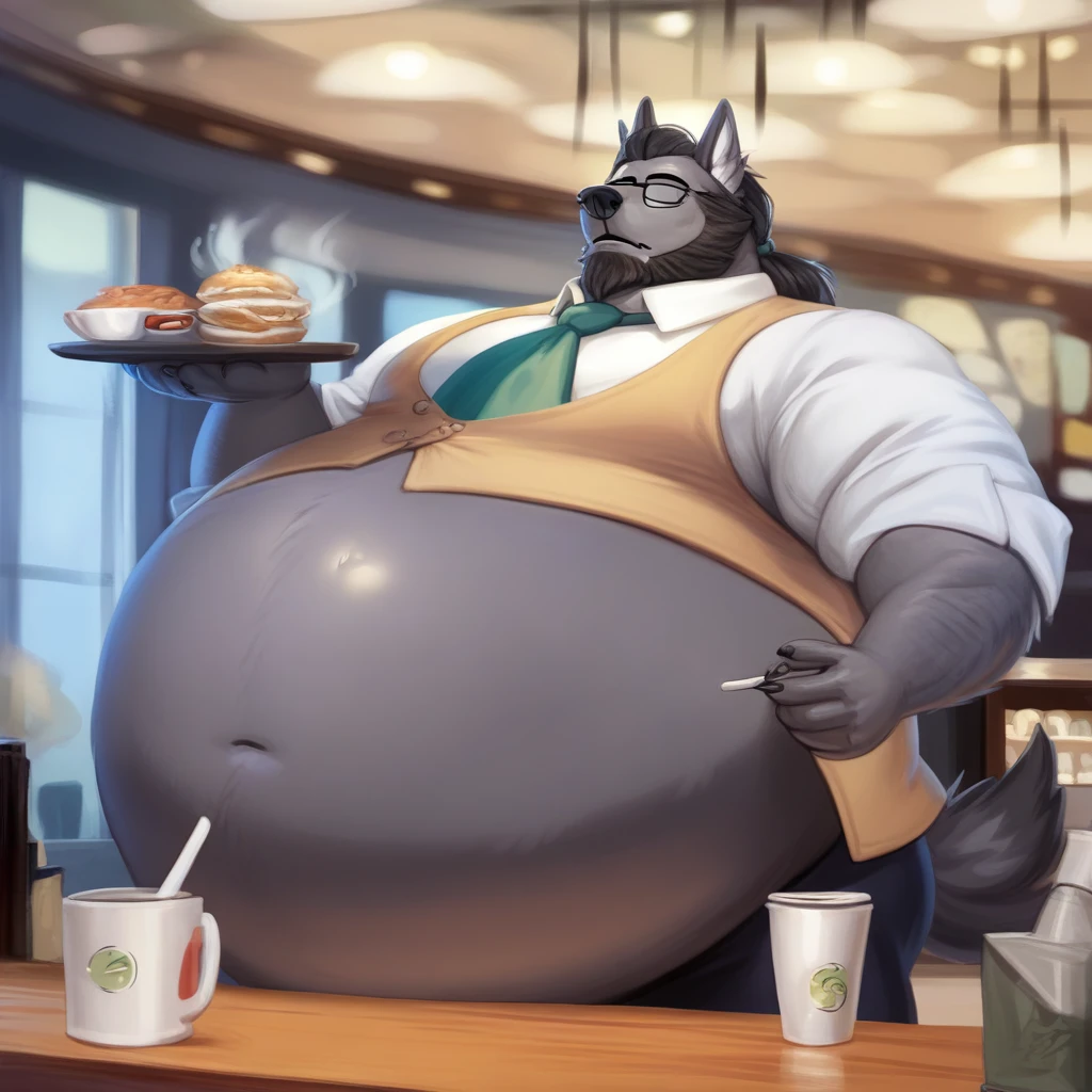 score_9, score_8_up, score_7_up, score_6_up, score_5_up, score_4_up, desolate, detailed background, cafe, anthro wolf, male, gray fur color, hair in low ponytail, beard, mature glasses, button up vest with tie, slacks, holding tray with coffee, calming expression, inflating, hyper belly