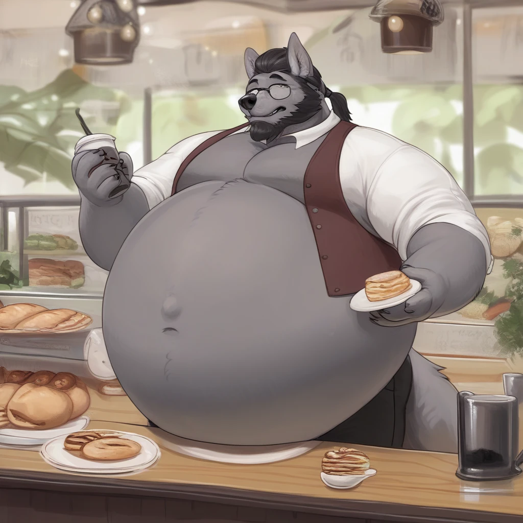 score_9, score_8_up, score_7_up, score_6_up, score_5_up, score_4_up, desolate, detailed background, cafe, anthro wolf, male, gray fur color, hair in low ponytail, beard, mature glasses, button up vest with tie, slacks, holding tray with coffee, calming expression, inflating, hyper belly