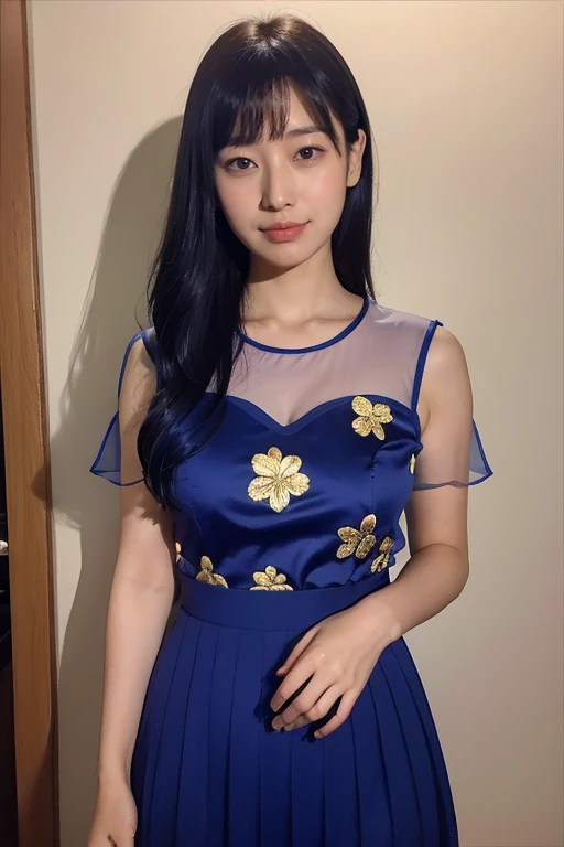 Medium display, Medium Shot, Written boundary depth, bust, Upper Body, Movie angle, masterpiece, Highest quality, Very detailed, CG, 8k wallpaper, Beautiful Face, Delicate eyes, Otome, alone, smile, bangs, skirt, shirt, have, Cobalt blue dress with gold trim, LOL、Floral Background
