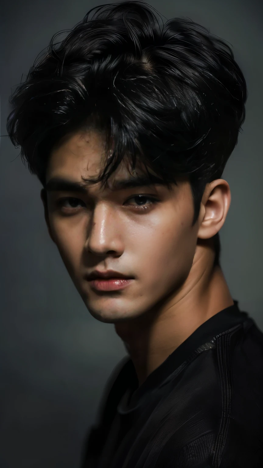 Create a hyper-realistic close-up portrait of a handsome young boy korean, wear black tshirt. He hair is a black uppercut hair, giving a magical and ethereal look. The lighting is soft and flattering, highlighting the delicate features of his face. His expression is gentle and smiling, with a subtle hint of mystery. The background is blurred to keep the focus entirely on his captivating face, enhancing the dreamy and otherworldly atmosphere. UHD, 4K. Masterpice