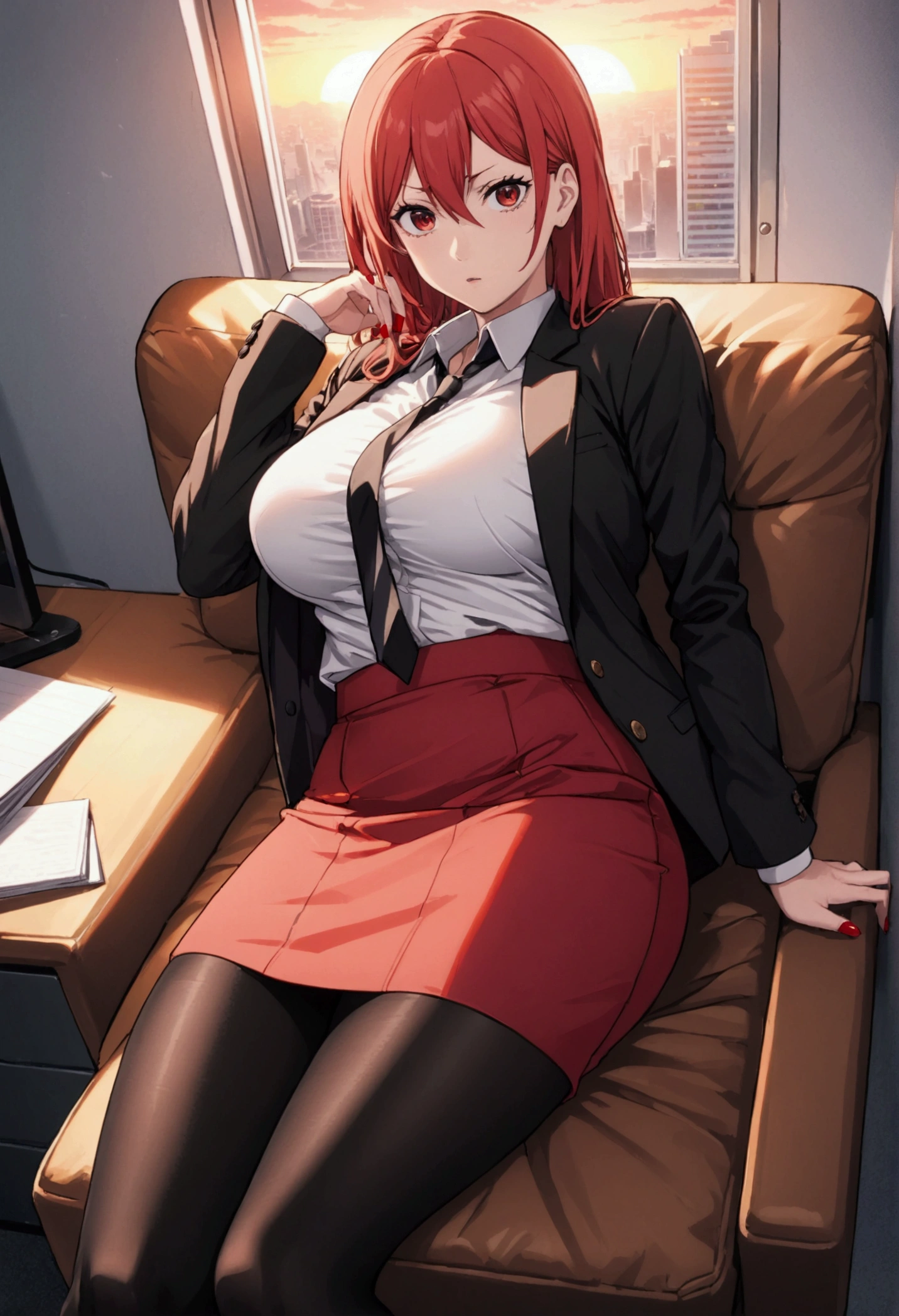 NSFW,Hololive,Rui Takane,White shirt,Black shorts,pantyhose,High heels,Embarrassed,blush,Lonely look,(Perfect hands),(Perfect Anatomy),(masterpiece),(highest quality),night,office,desk,Leg spread