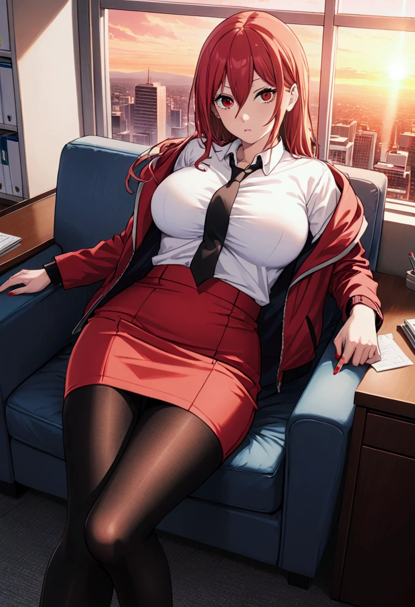 (solo, 1girl), Power from Chainsaw Man (Anime), large breasts, indoors, full body, looking at viewer, ((wearing red colored pencil skirt, wearing black pantyhose, wearing red colored buttoned up office jacket with white undershirt, wearing red high heels)), laying in office couch, in personal office, sunset lighting, mouth slightly open,