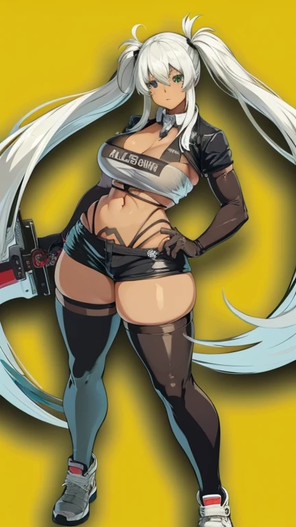 Anime, 1 girl, Alabama Def, white hair, large Double Pigtails hairstyle, big round breasts, chunky body, perfect anatomia, military's uniform, green eyes, expressive eyes, Holding a mechanical spear