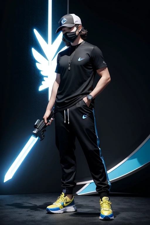 Free fire character and black cap and dark blue shirt with blue crystal and black mask cause yellow angelic Nike shoe
