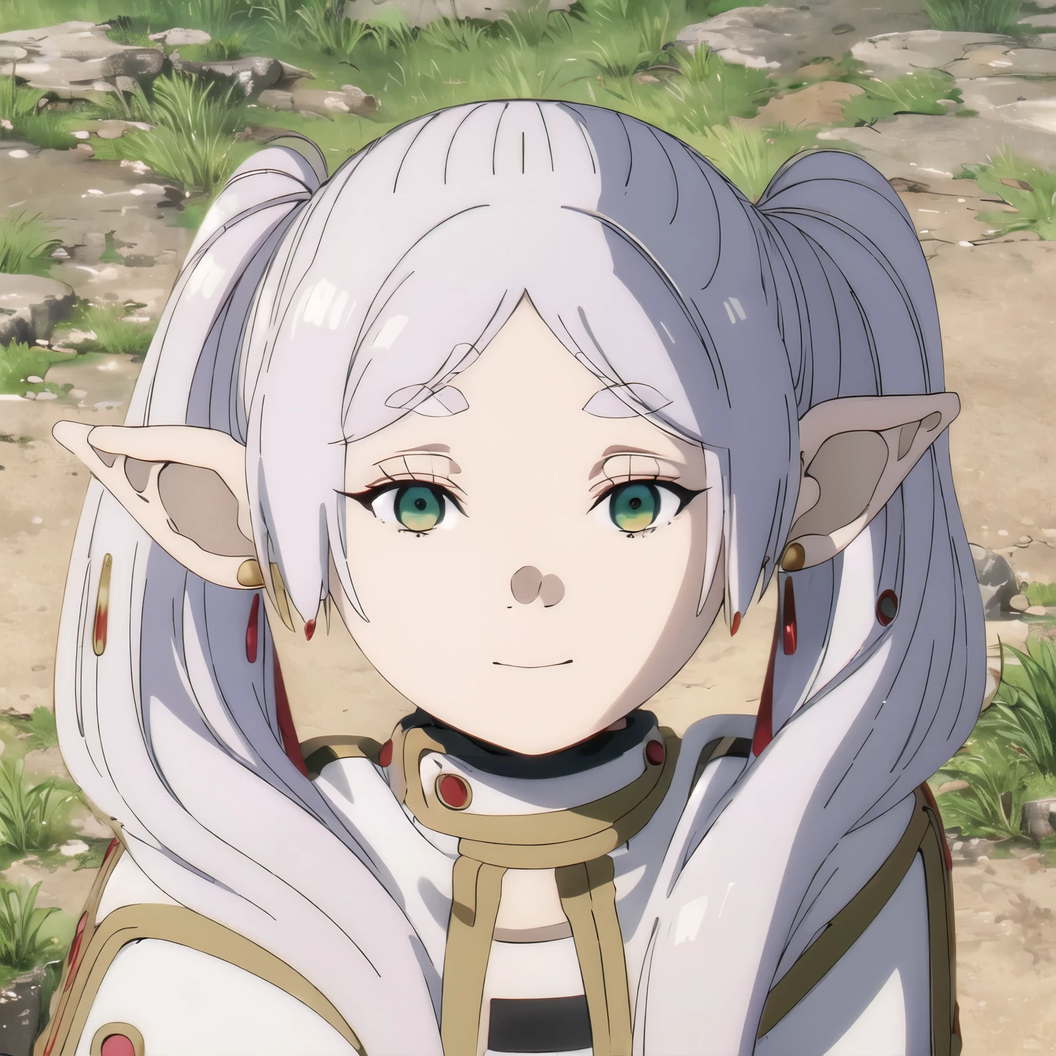 1girl, (masterpiece:1.3), (high resolution), (8K), (extremely detailed), (4k), (pixiv), perfect face, nice eyes and face, (best quality), (super detailed), detailed face and eyes, (solo), textured skin, absurdres, highres, a frog over her head, wz_sousou_no_frieren_style, wz_sousou_no_frieren_style, twintails, very long hair, silver hair, pointy ears, elf, white capelet, green eyes, black pantyhose, earrings, white skirt, belt, white sleeves, light, face picture pov zoom, smile, light rays, sunlight