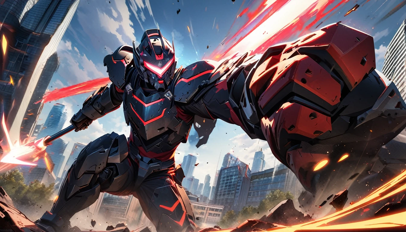Mech like suit ready for battle, Downtown Vancouver, high-quality artwork, anime style, vibrant colors, detailed metal armor, intense lighting, cityscape background, heroic pose, dramatic shadows, carbon fiber black suit with red stripe highlights, repulser cannons on shoulders, dynamic motion, slams fist into the ground,, hockey goalie faceplate, hockey goalie visor, grey visor covering face, epic superhero