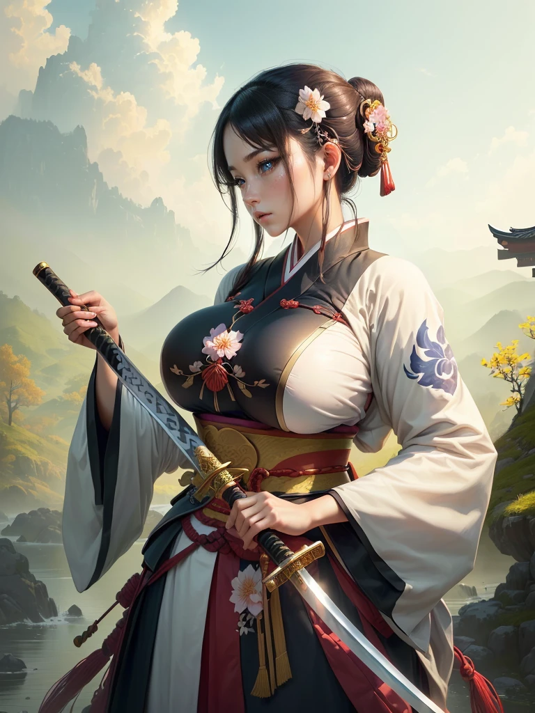 arafed image of a woman in a kimono with a sword, inspired by Li Mei-shu, she is holding a katana sword, inspired by Cao Zhibai, inspired by Ju Lian, inspired by Guan Daosheng, inspired by Wu Zuoren, inspired by Zhao Yuan, inspired by Zhao Mengfu, beautiful character painting, Highly detailed CG unit 8k wallpaper, masterpiece, High resolution, highest quality, highest quality real texture skin, Super Real, Digital Painting, Best image quality, 最High resolution, 8k, ((Highly detailed eyes and face, Beautiful eyes every detail)), profile, (Saggy breasts, Gravity-dependent breasts, long chest, Heavy chest, disproportionate breasts, huge breasts, sagging breasts, gigantic breasts, erect nipple),
