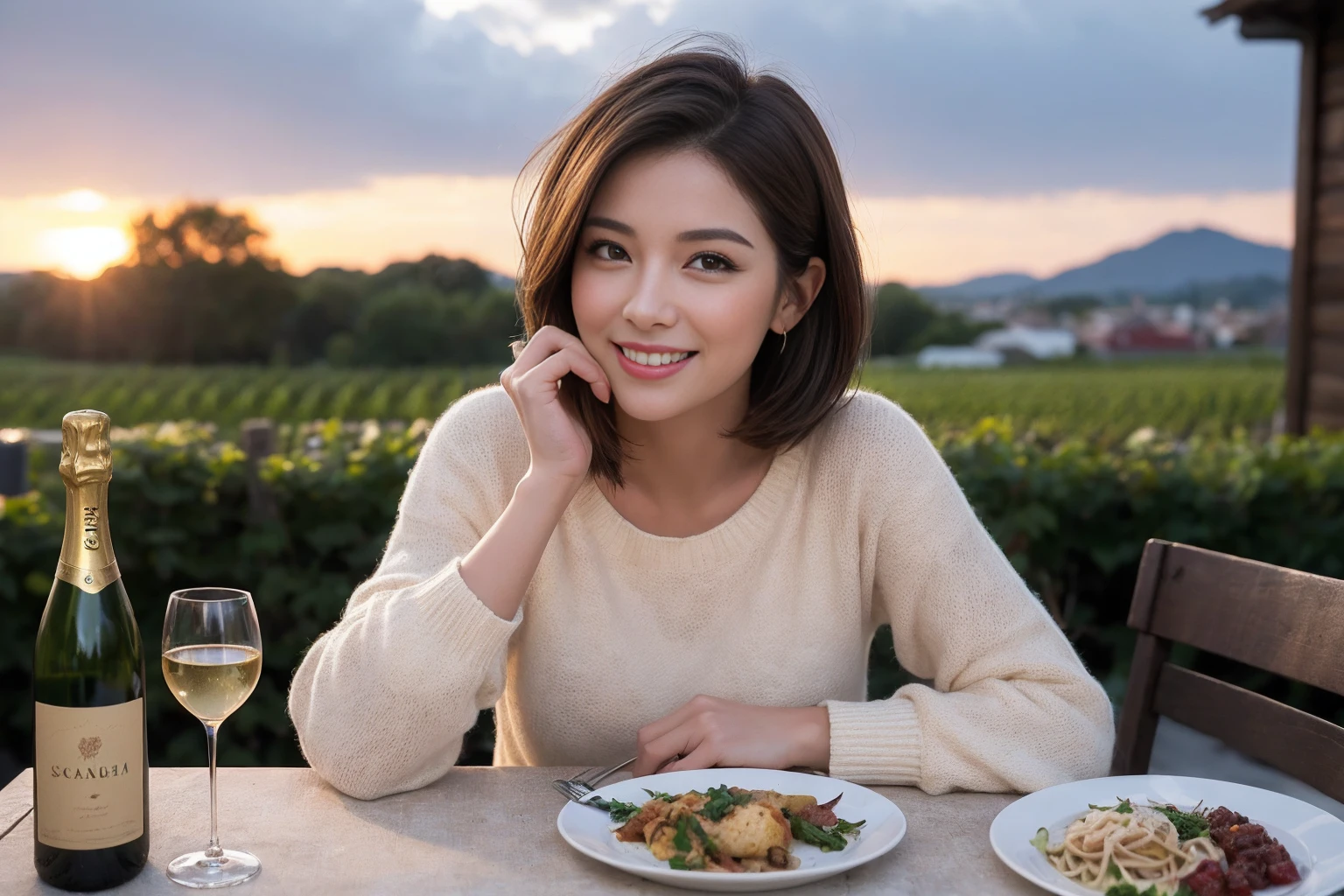 (Realistic:1.1),(masterpiece,Highest quality),8k,(40 years old), 42 years old, slimカップル、Model Couple、Actress/Actor、Tight waist,Upper Body,full-course dinner、wine 、Amazing view of the sunset sky and clouds、Perfect Anatomy, Brown Hair, Short Hair,Random Hairstyles,((Highly detailed face and eyes:1.2))(cute顔:1.4),Beautiful actress face,Perfect golden ratio face,Long sleeve shirt、dress,(smile:1.2)、Shortcuts、cute、(Realistic, Intricate details:1.2), A bright smile、short hair,Bright Face、赤wine 、Appetizers、Italian food、wine bottle、Champagne、スパークリングwine、(slimな顔), (The body is slim), (Brown Hair), (Shortcuts), Upper Body, 白wine, slim, wineグラス,