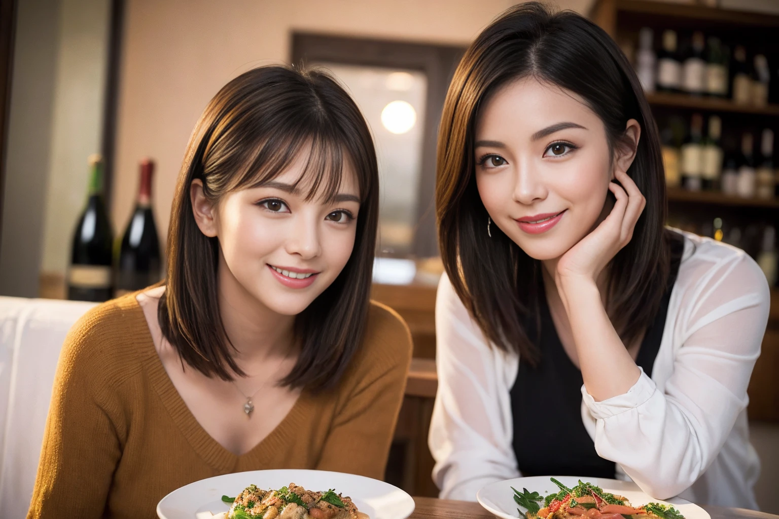 (Realistic:1.1),(masterpiece,Highest quality),8k,(40 years old), 42 years old, slimカップル、Model Couple、Actress/Actor、Tight waist,Upper Body,full-course dinner、wine 、Amazing view of the sunset sky and clouds、Perfect Anatomy, Brown Hair, Short Hair,Random Hairstyles,((Highly detailed face and eyes:1.2))(cute顔:1.4),Beautiful actress face,Perfect golden ratio face,Long sleeve shirt、dress,(smile:1.2)、Shortcuts、cute、(Realistic, Intricate details:1.2), A bright smile、short hair,Bright Face、赤wine 、Appetizers、Italian food、wine bottle、Champagne、スパークリングwine、(slimな顔), (The body is slim), (Brown Hair), (Shortcuts), Upper Body, 白wine, slim, wineグラス,