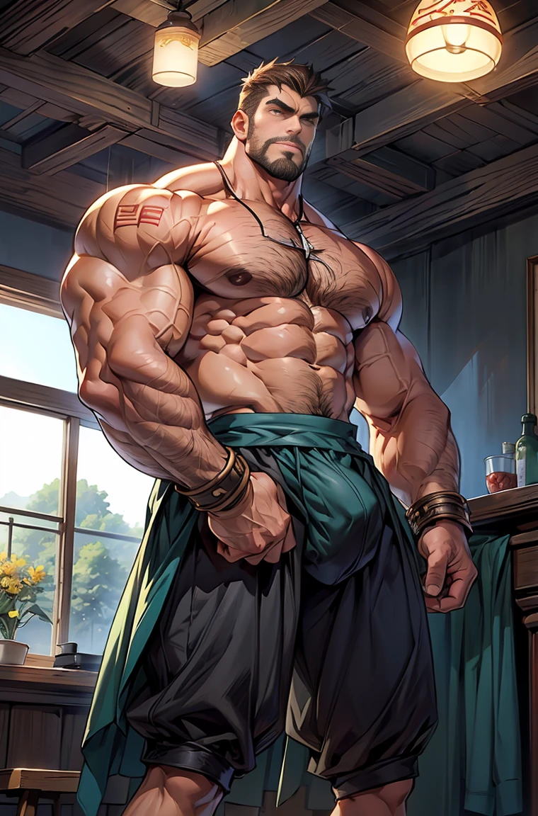 (shoeless),show off thick arms to the audience,(Dark green tattoo on arm),(Giant arm),(macropodia),(Long legottom-up view),(Side to audience) ,(Put your hands at your waist), (eyes looking at audience) ,(body hair thick),(There a huge protuberance across the part),Side Body,Sense of evil,Sharp eyes,Thick dark brown hair on crotch,closeup of arms,((The camera zooms in)),((The audience blocked by the protagonist in a corner and the perspective slightly lower.)),(Bottom-up view),(crotch),(Shoulders exposed),(Stout arms),Shoulders very broad,Muscles protrude a lot,Bulging crotch,(Long legs),Highest image quality,Anime ,anime wallpaper,Dilation of the pectoral muscles,Espalhe as pernas,sexy,(master part, best quality),((Exaggerated bulge of muscles)),The protagonist very tall and his head almost reaches the ceiling.,The background in an interior with vintage furniture and vintage wooden floor surrounding,Lush woods outside the window,musclebound and hulking, muscular characters, super buff and cool, tall and muscular, muscular!!, very buff, muscular attractive men, massive muscles, big muscle, Muscular men, anime handsome men, muscular!, gigachad muscles, muscular bodies, muscular character, covered penis