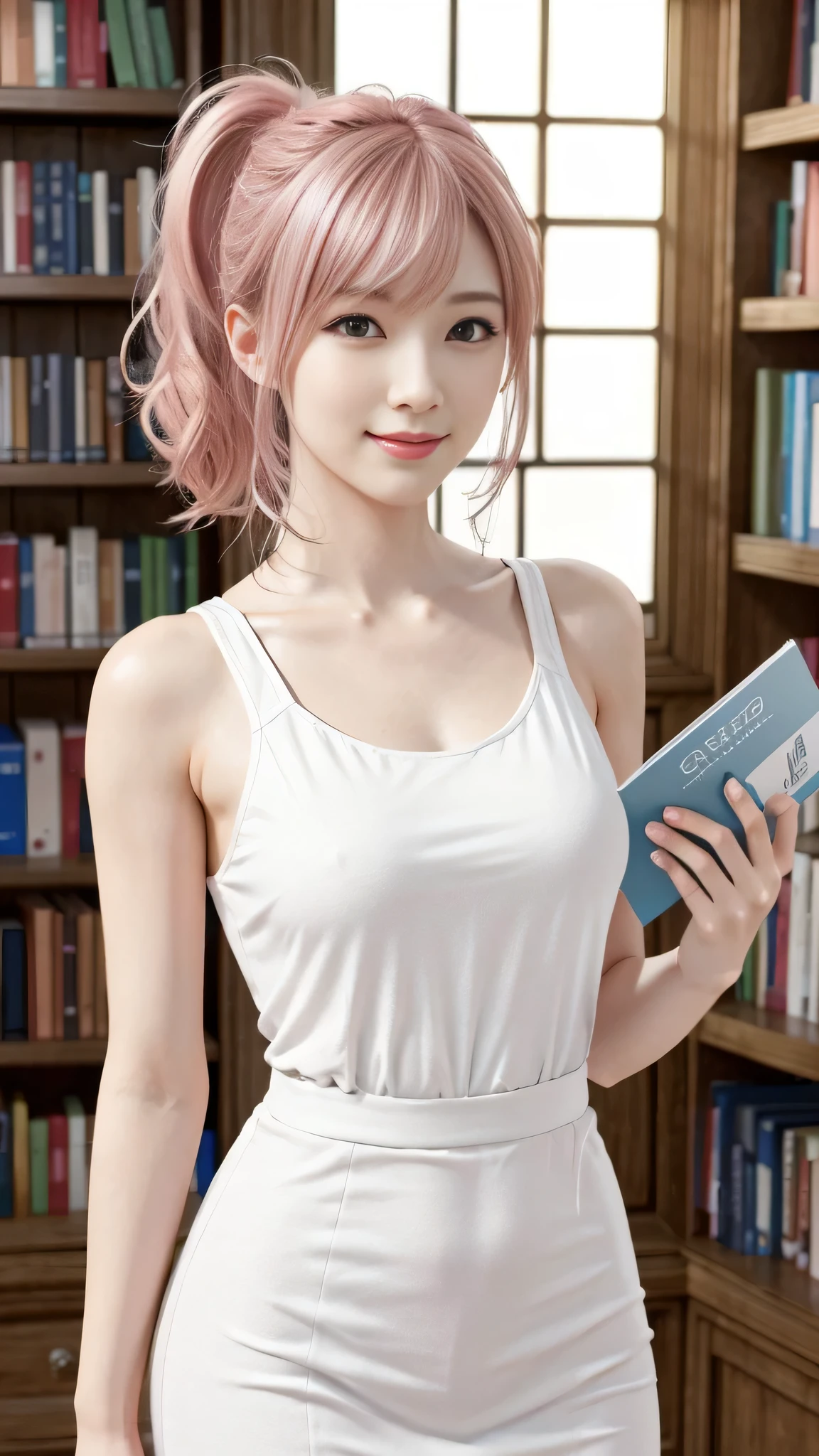 A woman with pink hair and a white dress, Anime realism style, Unreal 5. RPG Portrait, cgsociety portrait, Realistic art style, Smooth anime CG art, Photorealistic Anime Girl Rendering, Realistic anime 3D style, Loss Draw 1. 0, Realistic 3D animation, ArtJam ; 3d unreal engine, Realistic anime art style，The background is inside the library，The best smile、Side Ponytail、Reading a book