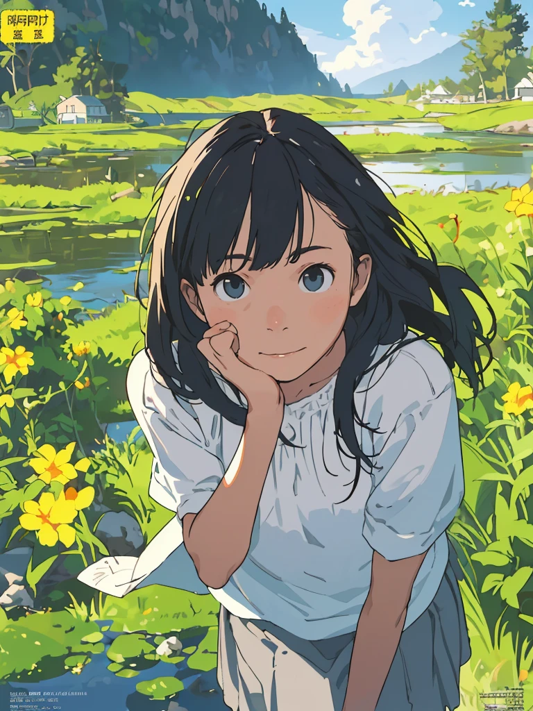 reasonable design, Clear lines, High Sharpness, (highest quality,8K,Perfect sharpness,Ultra fine,High resolution,masterpiece:1.2), Perfect Anatomy:1.5, Official Art, Illustrations that tell a story, (Whitish background:0. 9）、Body Positivity、More Mr.Physical expression、（Random and mischievous poses）、Perfect beauty、Perfect beautiful face、Strong winds、A rich expression、Dynamic composition、smile、Golden ratio composition、colorful、（Mr.Different angles and perspectives）、anime art、mini skirt、（Overcoming stereotypes）、 Glowing Skin、（Natural beauty）、smile、bangs、Straight Hair、（Soft and flowing hair）、（Rural Scenery）、（Nostalgic atmosphere）、Insert up to the thighs、（Playful and carefree）、（More Mr.Ethnic characters）、（innocent attitude）、（Sunny atmosphere）、Skirt flipped up、（Bright colors）、Belly button exposed、Beautiful Eyes、A skirt fluttering in the wind、Put it in to your feet、Some composition patterns、sensuous、Geometric pattern、emotional、Symposium cover、
