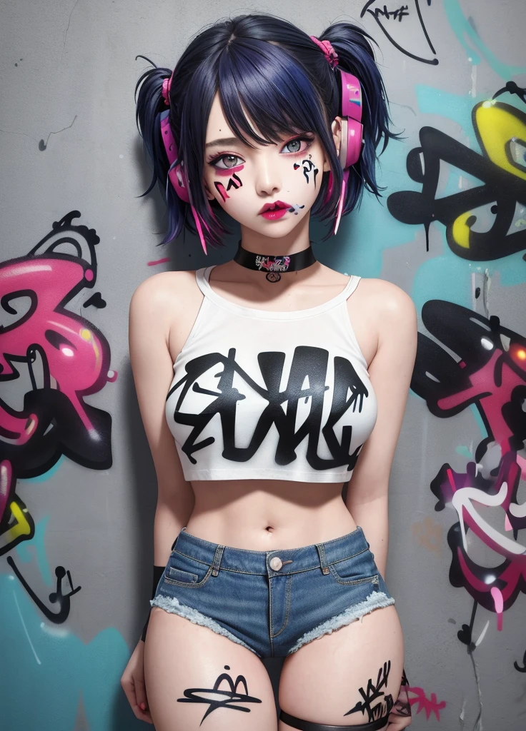 masterpiece, best quality, 1girl, solo, crop top, denim shorts, choker, (graffiti:1.5), paint splatter, arms behind back, against wall, looking at viewer, armband, thigh strap, paint on body, head tilt, bored, multicolored hair, aqua eyes, headset,
