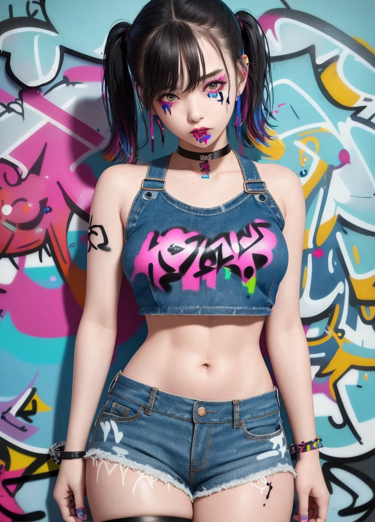 masterpiece, best quality, 1girl, solo, crop top, denim shorts, choker, (graffiti:1.5), paint splatter, arms behind back, against wall, looking at viewer, armband, thigh strap, paint on body, head tilt, bored, multicolored hair, aqua eyes, headset,