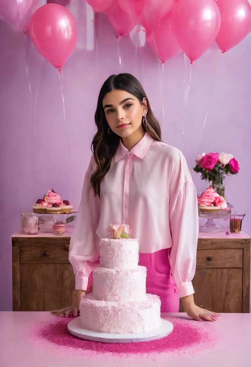 There is a woman standing in front of a cake on a table, Medium pink, bella poarch, 16 years old, 18 years, 20 years, 20 years, clear portrait of Medium pink, 21 years, Violet Myers, 🐎🍑, portrait of Medium pink, Happy Birthday, a beautiful woman dressed in white