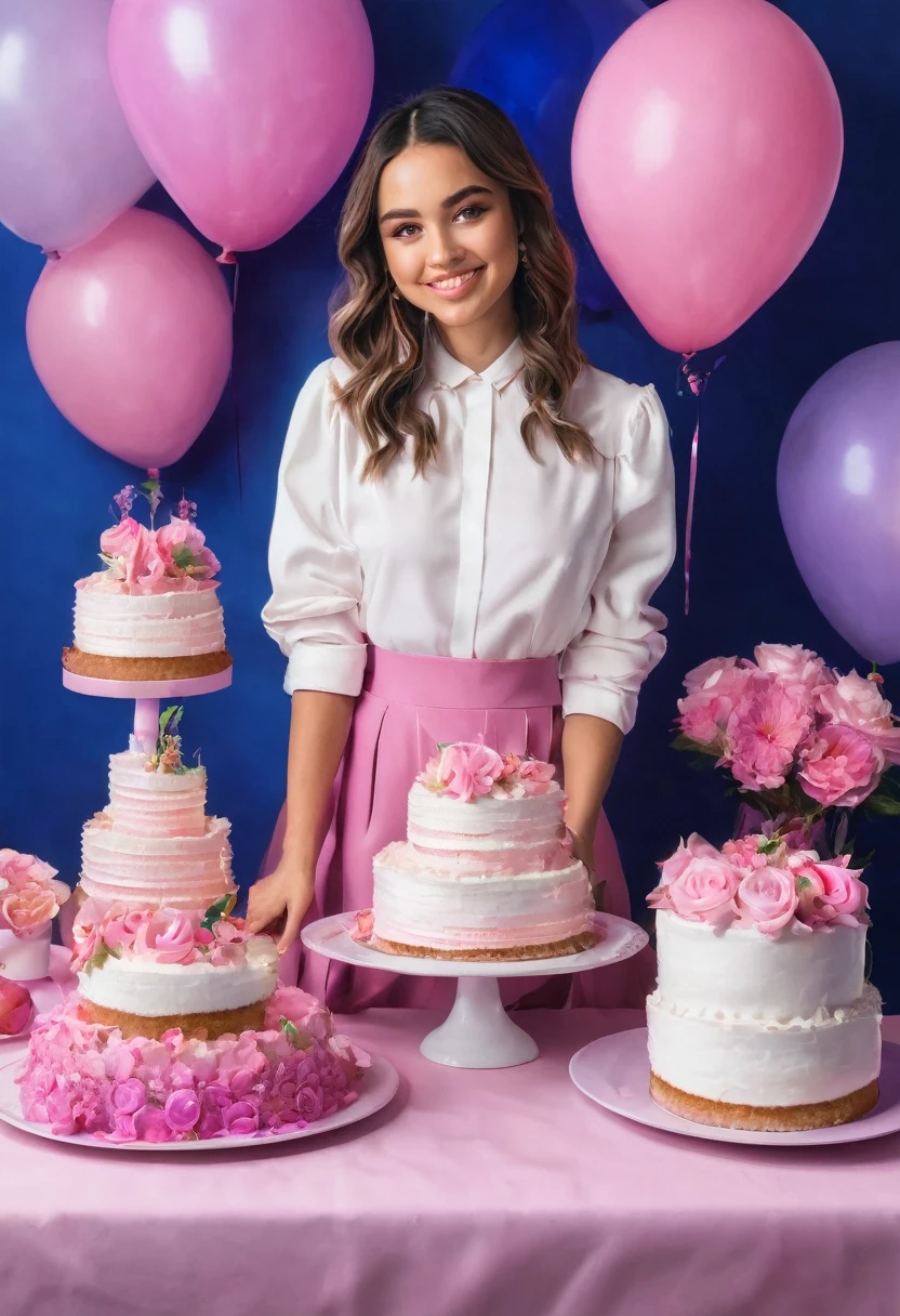 There is a woman standing in front of a cake on a table, Medium pink, bella poarch, 16 years old, 18 years, 20 years, 20 years, clear portrait of Medium pink, 21 years, Violet Myers, 🐎🍑, portrait of Medium pink, Happy Birthday, a beautiful woman dressed in white