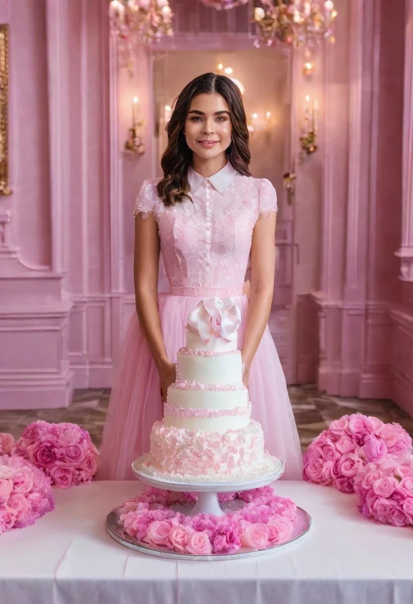 There is a woman standing in front of a cake on a table, Medium pink, bella poarch, , 18 years, 20 years, 20 years, clear portrait of Medium pink, 21 years, Violet Myers, 🐎🍑, portrait of Medium pink, Happy Birthday, a beautiful woman dressed in white