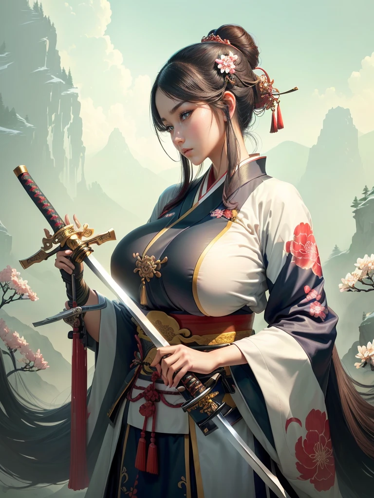 arafed image of a woman in a kimono with a sword, inspired by Li Mei-shu, she is holding a katana sword, inspired by Cao Zhibai, inspired by Ju Lian, inspired by Guan Daosheng, inspired by Wu Zuoren, inspired by Zhao Yuan, inspired by Zhao Mengfu, beautiful character painting, Highly detailed CG unit 8k wallpaper, masterpiece, High resolution, highest quality, highest quality real texture skin, Super Real, Digital Painting, Best image quality, 最High resolution, 8k, ((Highly detailed eyes and face, Beautiful eyes every detail)), profile, (Saggy breasts, Gravity-dependent breasts, long chest, Heavy chest,　disproportionate breasts, huge breasts, sagging breasts, gigantic breasts, erect nipple),