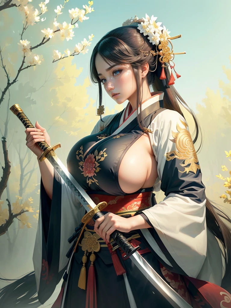 arafed image of a woman in a kimono with a sword, inspired by Li Mei-shu, she is holding a katana sword, inspired by Cao Zhibai, inspired by Ju Lian, inspired by Guan Daosheng, inspired by Wu Zuoren, inspired by Zhao Yuan, inspired by Zhao Mengfu, beautiful character painting, Highly detailed CG unit 8k wallpaper, masterpiece, High resolution, highest quality, highest quality real texture skin, Super Real, Digital Painting, Best image quality, 最High resolution, 8k, ((Highly detailed eyes and face, Beautiful eyes every detail)), profile, (Saggy breasts, Gravity-dependent breasts, long chest, Heavy chest, disproportionate breasts, huge breasts, sagging breasts, gigantic breasts, erect nipple),