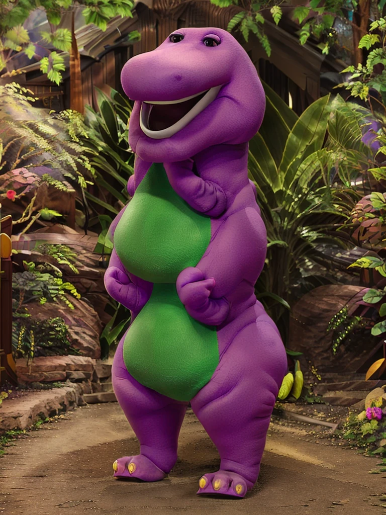 a cute smiling Barney the dinosaur,an adorable purple dinosaur,happy and joyful expression,soft and huggable texture,3D render,vibrant colors,masterpiece,high quality,detailed 3D model,photorealistic,studio lighting,sharp focus,realistic shading,intricate details,cute and friendly dinosaur,whimsical and playful pose,warm and inviting atmosphere,lively and expressive character,endearing and lovable creature,childhood nostalgia,vibrant purple hues,soft and cuddly appearance,friendly and approachable demeanor,well-proportioned and anatomically correct,highly detailed and lifelike dinosaur