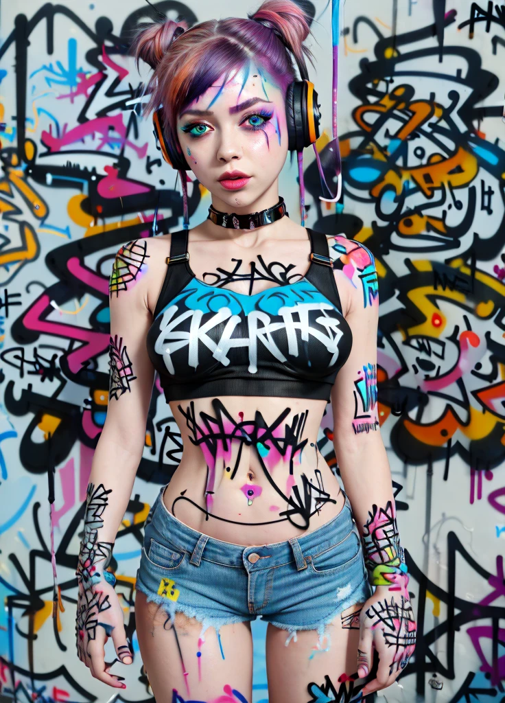 masterpiece, best quality, 1girl, solo, crop top, denim shorts, choker, (graffiti:1.5), paint splatter, arms behind back, against wall, looking at viewer, armband, thigh strap, paint on body, head tilt, bored, multicolored hair, aqua eyes, headset,