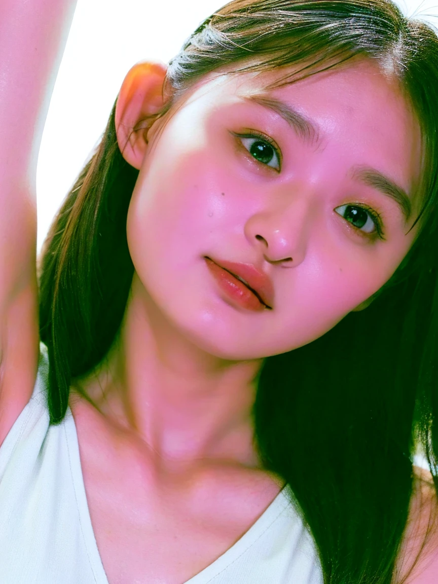 (best quality:1.4), (ultra highres:1.2), (photorealistic:1.4), (16k, RAW photo:1.2),(portrait shot:1.3), bmangpor, 1girl, solo, long hair, brown hair, upper body, white smooth armpits, one arm up, knit tank top, small breast,see through,nipple