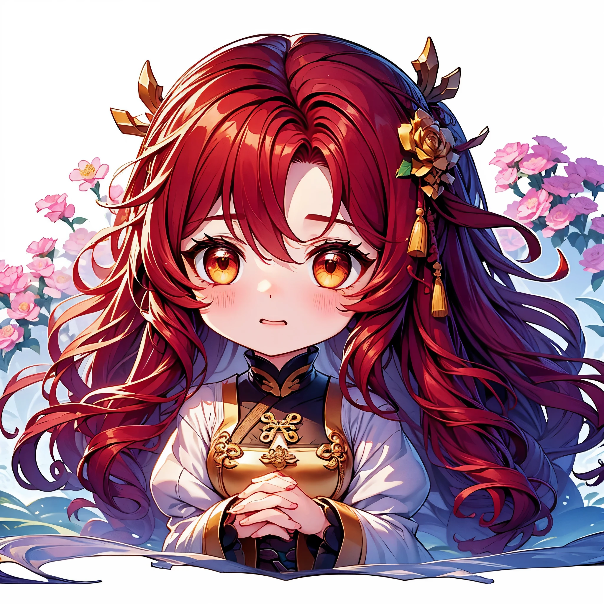 Chibi character pixel art, ((xian mei)), 1 girl, long red hair, standing, Chibi style, shapely breasts, high quality pixel art, Gege Akutami, photography, beautiful, colorful, realistic, masterpieces, top quality, best quality, official art, beautiful and aesthetic, hanfu, perfect anatomy, mini solo chibi, cry, flushed face teary eyes, Baby holding hands, newborn, 
