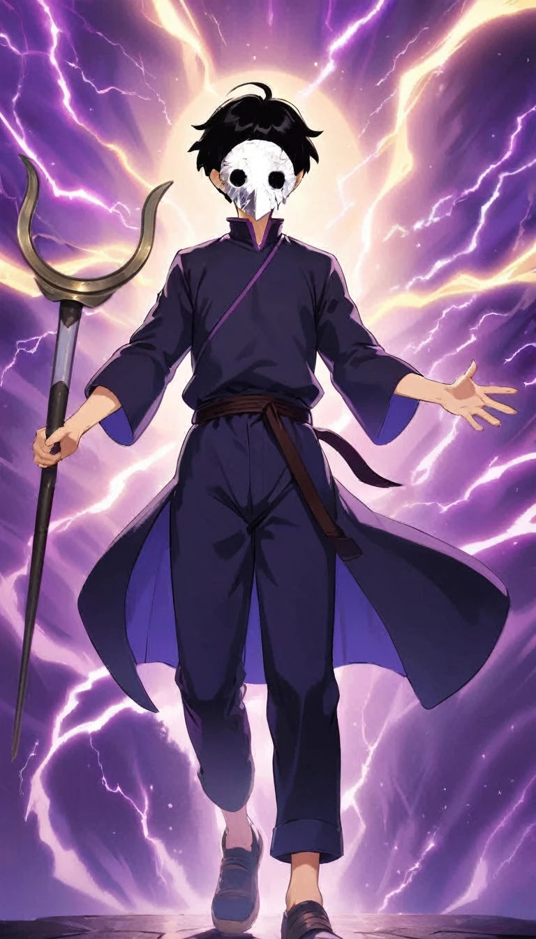 a boy in a white mask,holding a magic staff,purple lightning background,detailed facial features,dramatic lighting,cinematic composition,fantasy scene,glowing purple lightning,epic fantasy,hyper detailed,highly detailed,incredibly detailed,masterpiece,ultra-detailed,8k,4k,best quality,photorealistic