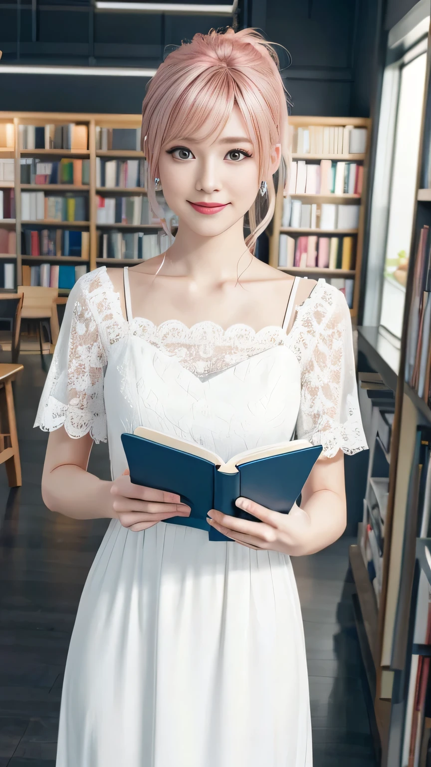 A woman with pink hair and a white dress, Anime realism style, Unreal 5. RPG Portrait, cgsociety portrait, Realistic art style, Smooth anime CG art, Photorealistic Anime Girl Rendering, Realistic anime 3D style, Loss Draw 1. 0, Realistic 3D animation, ArtJam ; 3d unreal engine, Realistic anime art style,The background is inside the library,The best smile、Side Ponytail、Reading a book