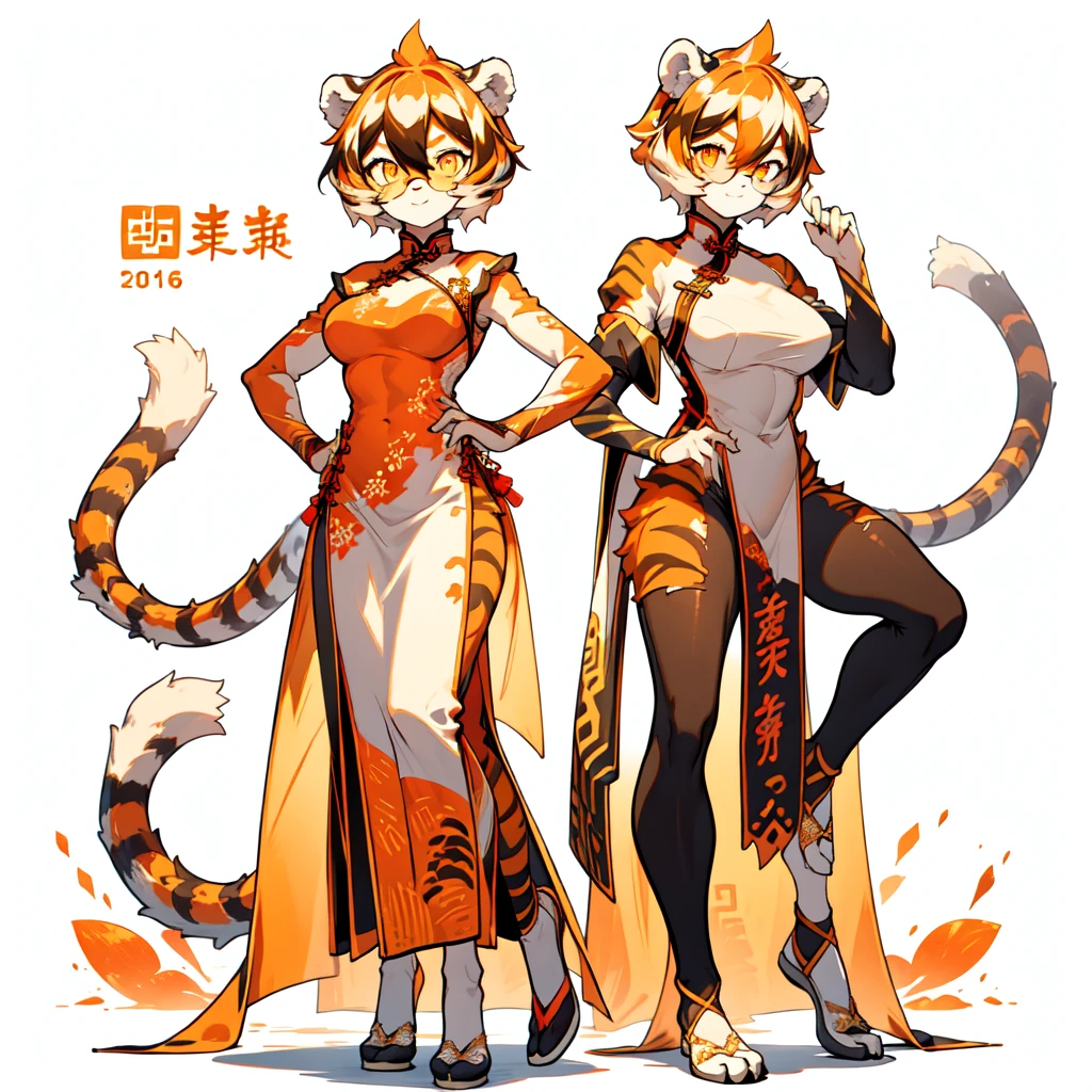 white background, full body,1girl，solo, Standing, animal ears, white hair, black hair, short hair, large breasts, Abdominal muscles,, tail, orange eyes, orange hair, multicolored hair, tiger girl, hair between eyes, tiger_ears, tiger_tail, orange-tinted_eyewear, tinted_eyewear, big breasts, evil smile, Shadows under feet,  (((Chinese wedding dress outfit:1.2))),