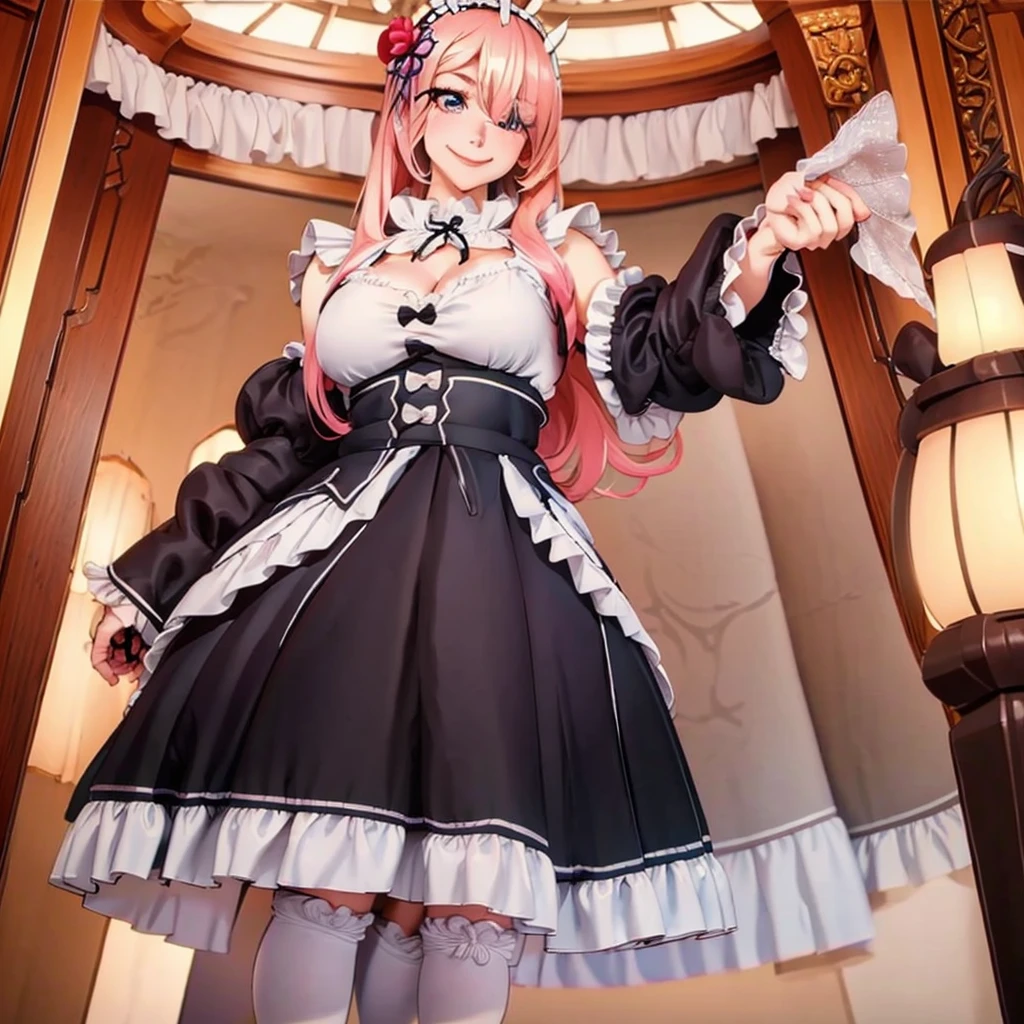 One girl, Mature Woman, Glowing Skin, (masterpiece), (wallpaper), (high quality), (Absurd),scarlet, Ahoge, Exposing shoulders, blush, Cleavage, Devil Girl, Removable sleeves, Fur trim, Garter Straps, Huge breasts, Large Breasts, Very long hair, View your viewers, Pointed Ears, Redhead, skirt, smile, alone, Knee socks, Devil horns, blue eyes, blush, frilled skirt, Asymmetrical legwear, light smile,coat, Wrist cuff, Cowboy Shot, indoor, Bedroom, Kneel,