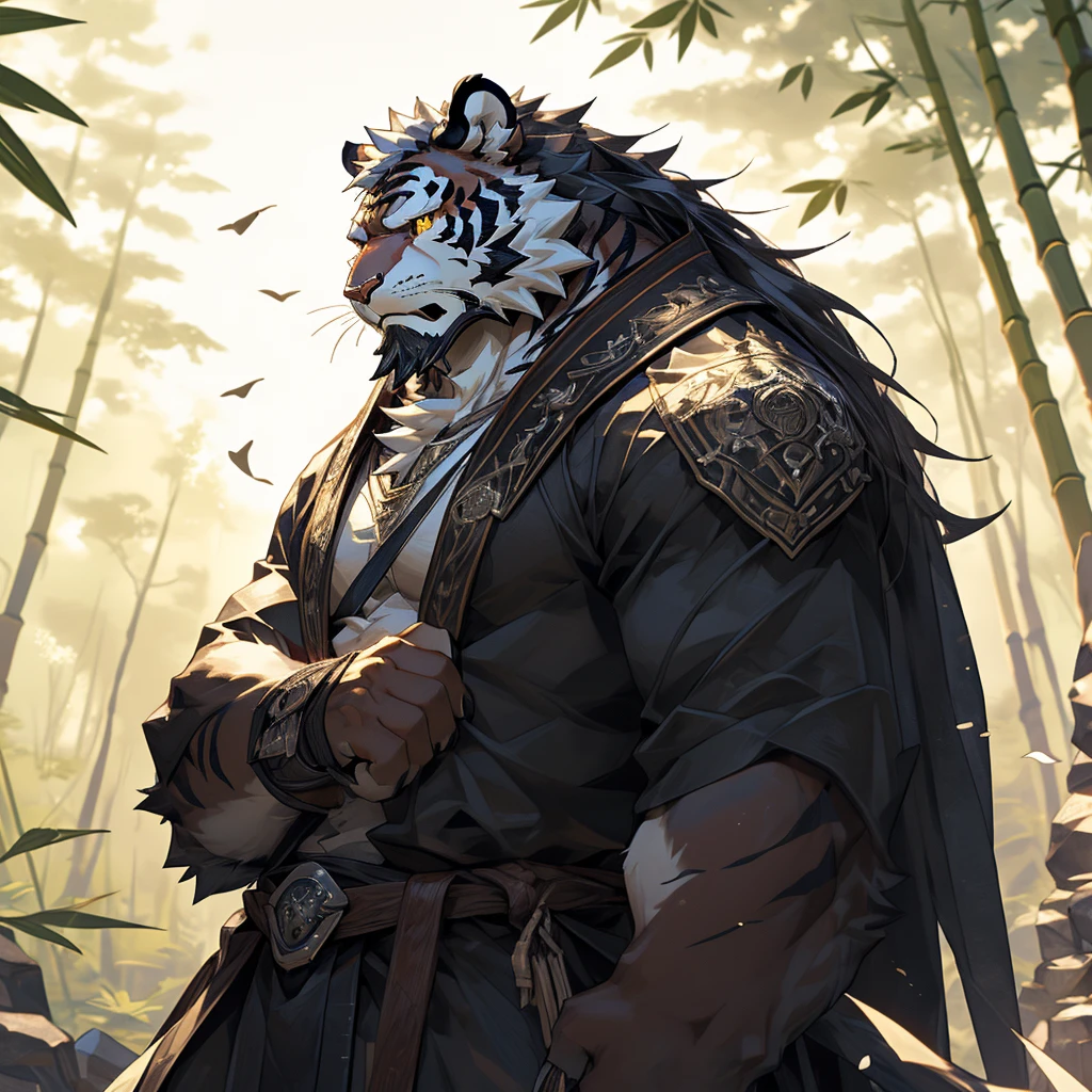 白色皮肤tiger),(黑白阴阳General战袍),Holding a long sword,坚Strong姿态,Stand calmly,(The background is a dark forest，Full of bamboo:1.2),abdominal muscles,Heroic Stance飒爽,完美的masterpiece,Various facial details,Perspective from a distance,specific description,masterpiece,CG,(Golden Eyes),Black and white pattern,Crimson Tail,General,Heroic Stance,tiger,Black and white fur,Specific facial details,Half Body,(黑白阴阳General战履),(Chang Ling),((middle aged)),(Face Focus),(16K),HD,Black and white belly，wilderness,beard,(Noodle),Different students,(Black and white yin and yang shirt),(Black and white hair),Strong,muscle,(high resolution:1.3),(Standing deep in the desolate bamboo forest),(close up),(Delicate face:1.5),Perfect details,(Half Body),(Facial details:1.5),(Zoom in on the face:1.5),(白色Noodle:1.2),(黑色beard:1.3),(white face;1.6),White body