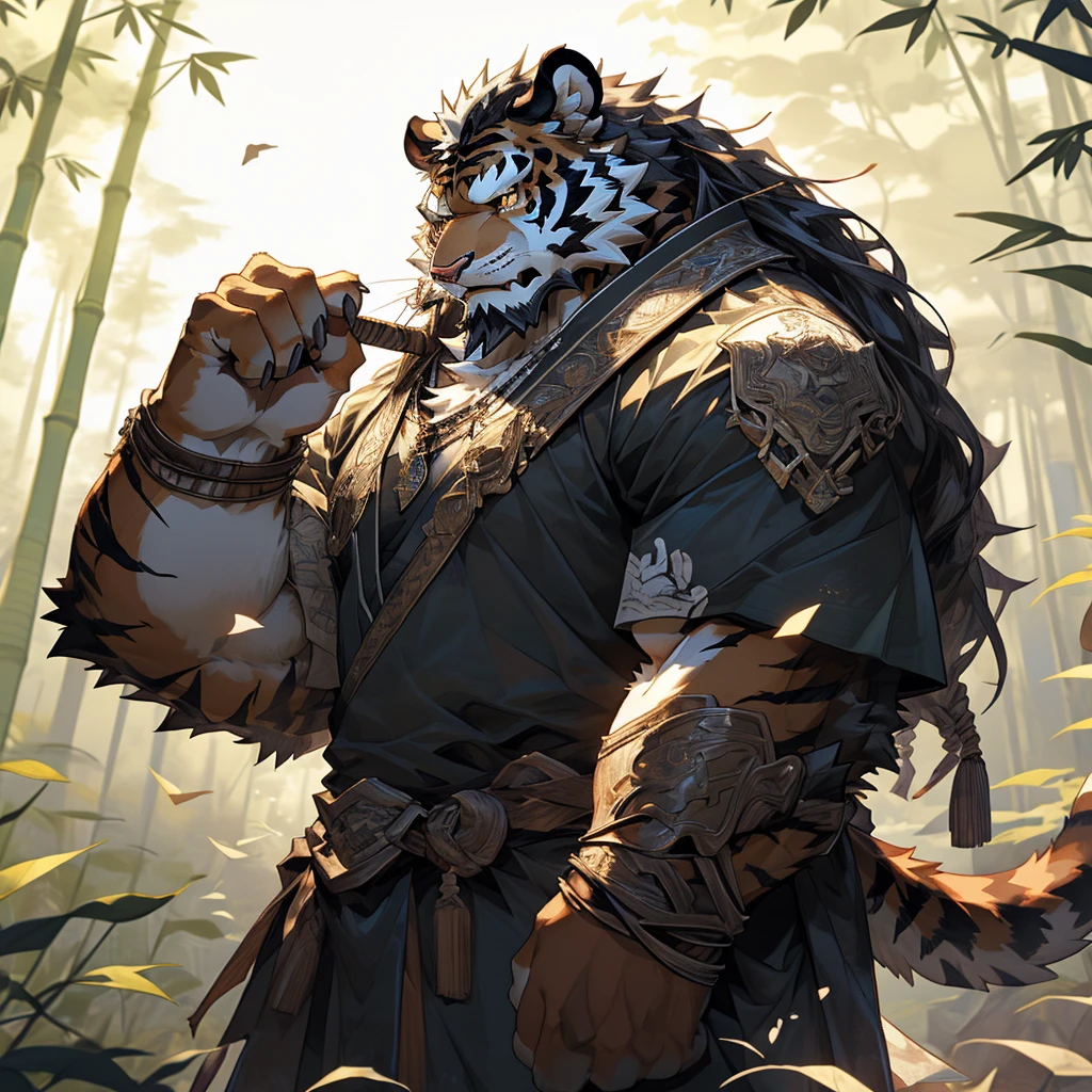 白色皮肤tiger),(黑白阴阳General战袍),Holding a long sword,坚Strong姿态,Stand calmly,(The background is a dark forest，Full of bamboo:1.2),abdominal muscles,Heroic Stance飒爽,完美的masterpiece,Various facial details,Perspective from a distance,specific description,masterpiece,CG,(Golden Eyes),Black and white pattern,Crimson Tail,General,Heroic Stance,tiger,Black and white fur,Specific facial details,Half Body,(黑白阴阳General战履),(Chang Ling),((middle aged)),(Face Focus),(16K),HD,Black and white belly，wilderness,beard,(Noodle),Different students,(Black and white yin and yang shirt),(Black and white hair),Strong,muscle,(high resolution:1.3),(Standing deep in the desolate bamboo forest),(close up),(Delicate face:1.5),Perfect details,(Half Body),(Facial details:1.5),(Zoom in on the face:1.5),(白色Noodle:1.2),(黑色beard:1.3),(white face;1.6),White body