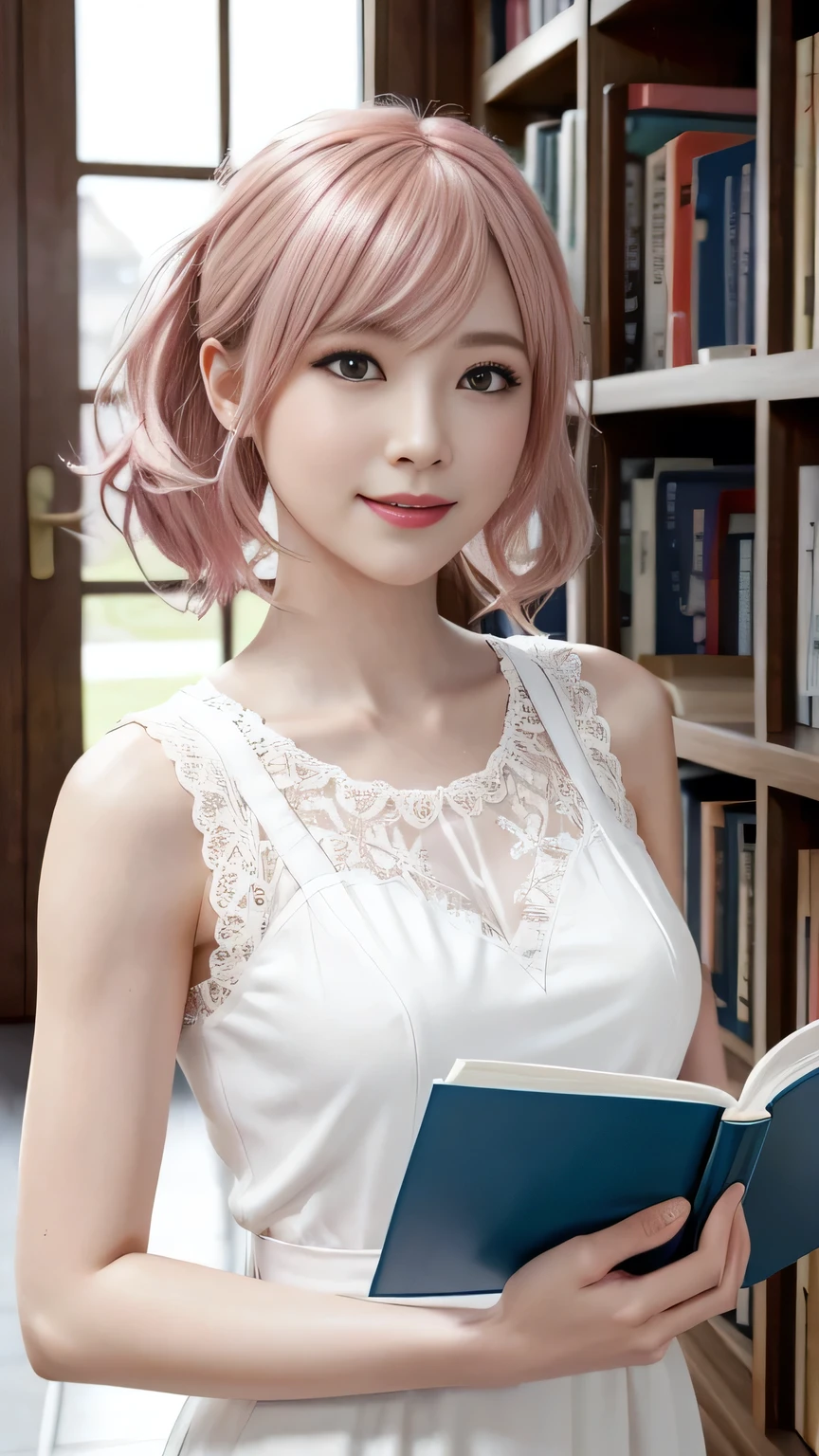 A woman with pink hair and a white dress, Anime realism style, Unreal 5. RPG Portrait, cgsociety portrait, Realistic art style, Smooth anime CG art, Photorealistic Anime Girl Rendering, Realistic anime 3D style, Loss Draw 1. 0, Realistic 3D animation, ArtJam ; 3d unreal engine, Realistic anime art style,The background is inside the library,The best smile、Side Ponytail、Reading a book